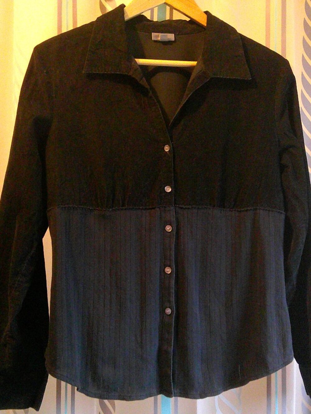 "J.Jill" Fine Wale Corduroy & Pointelle Knit Button A-Line SHIRT n Black Women S